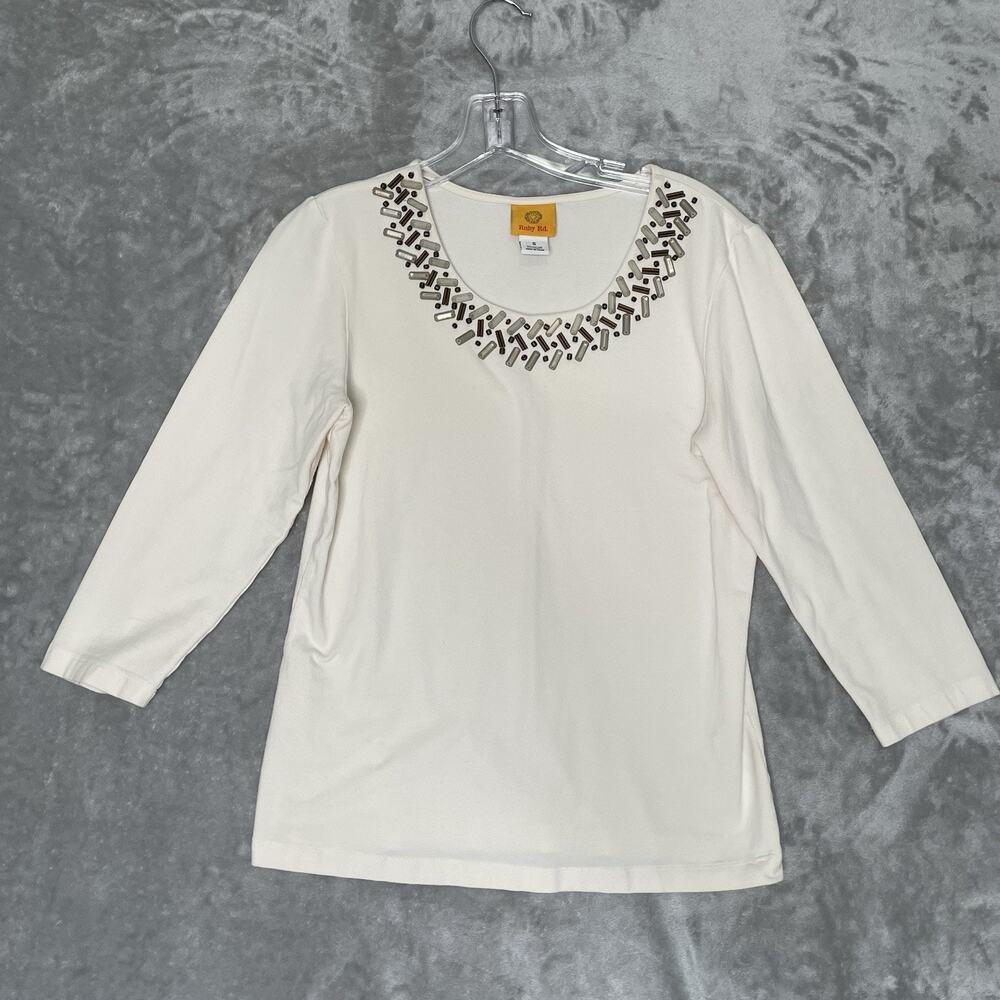 Ruby Rd Top Womens Small Blouse Cotton Stretch 3/4 Sleeve Beaded Neck Cream Boho